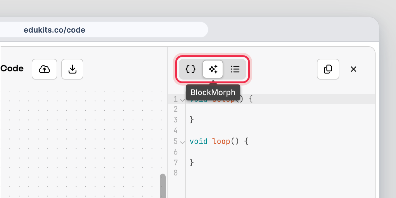 The BlockMorph tab in the code output sidebar of the Code Kit app.