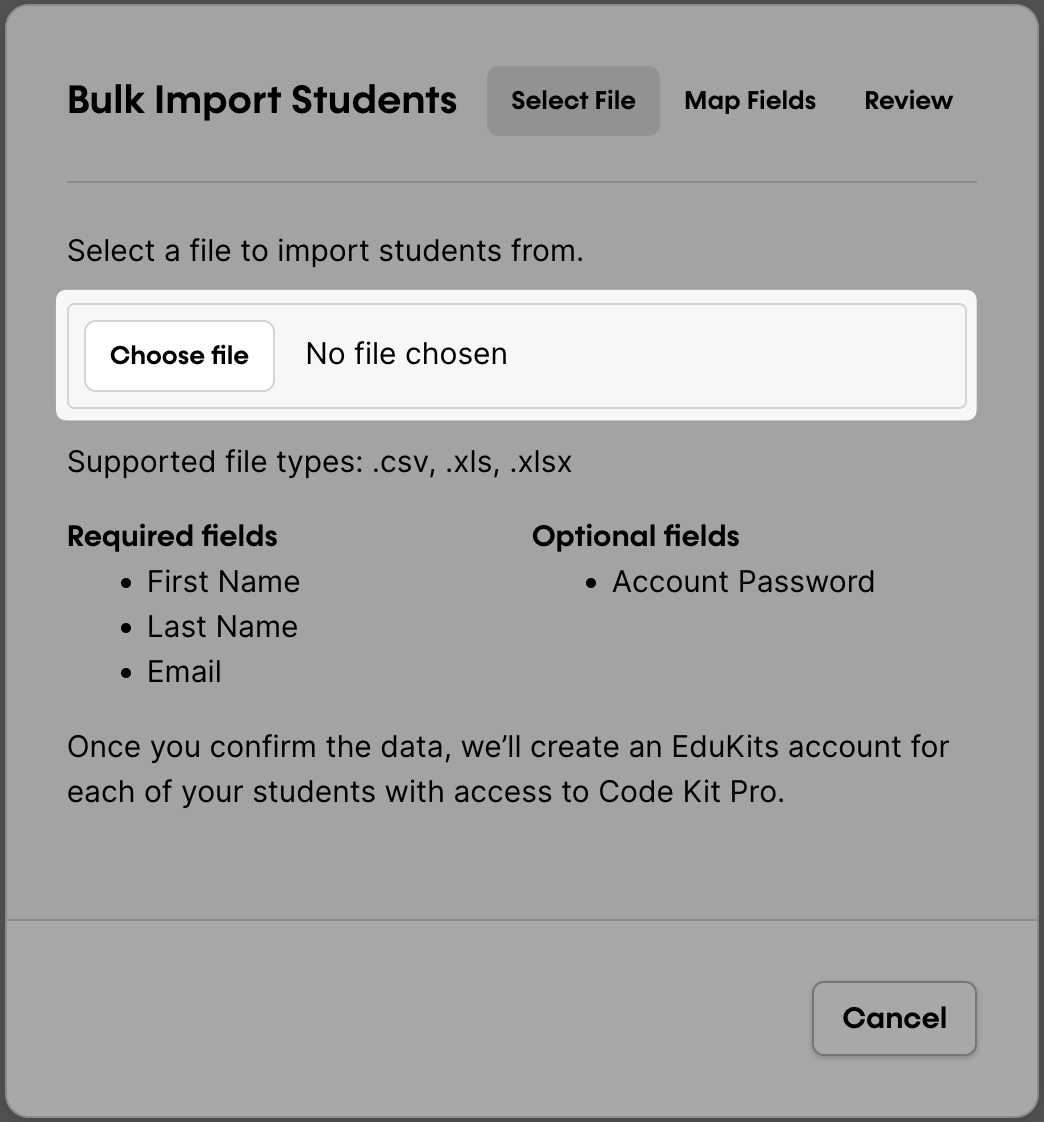 The file selection dialog box, with the 'Choose File' button highlighted.