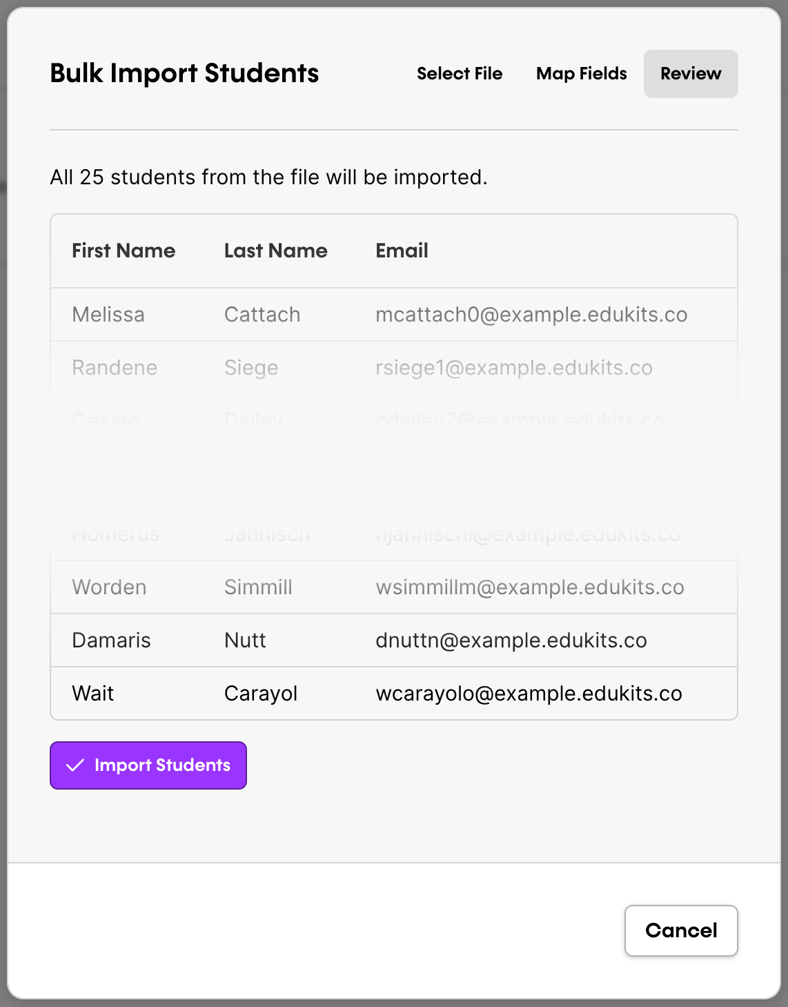 The student data review screen.